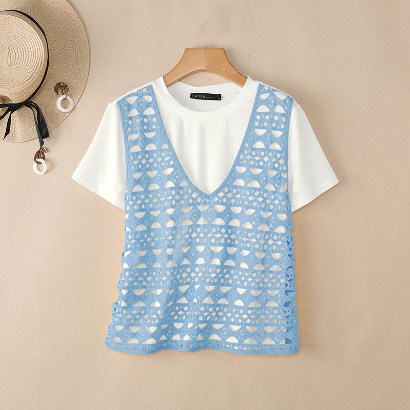 ZANZEA Women Casual Round Neck Mesh Patchwork Loose Short Sleeve T-Shirts