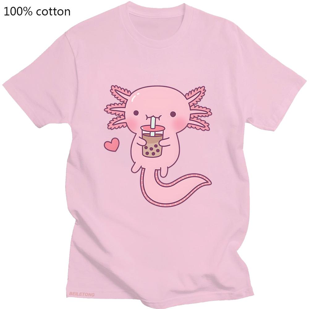 Bubble Tea Women Tshirts Pink Axlotl Kawaii Print T-shirt Street Hip Hop Crop Top Cool Summer Tee Shirt Cotton Fashion Clothing