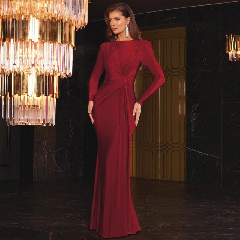 Abito Lungo Elegante da Sera da Donna, Colore Unito, Manica Lunga, Girocollo