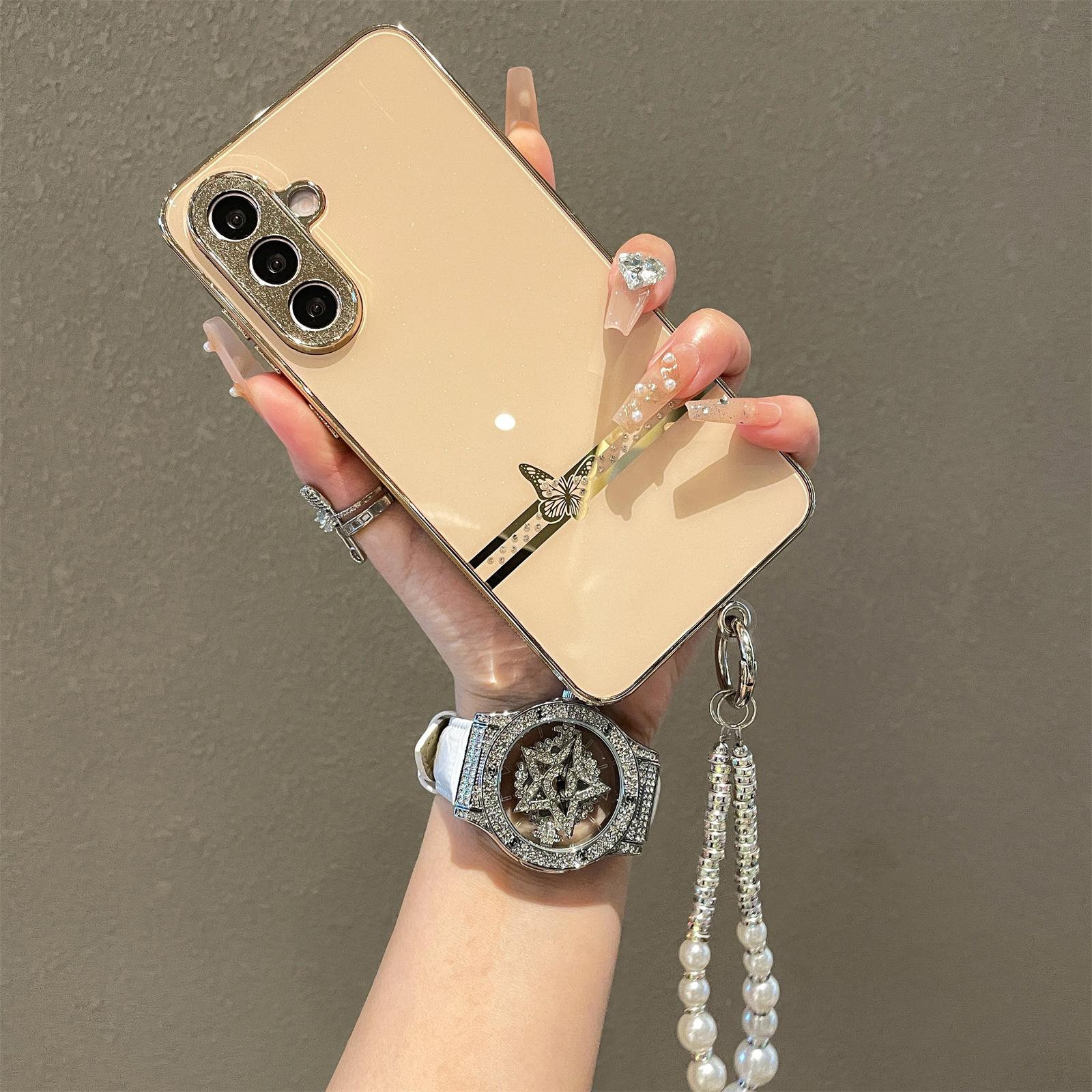 

For Samsung Galaxy A56 5G Case with Wrist Strap Rhinestone Butterfly Decor Electroplated TPU+PC Phone Cover Gold