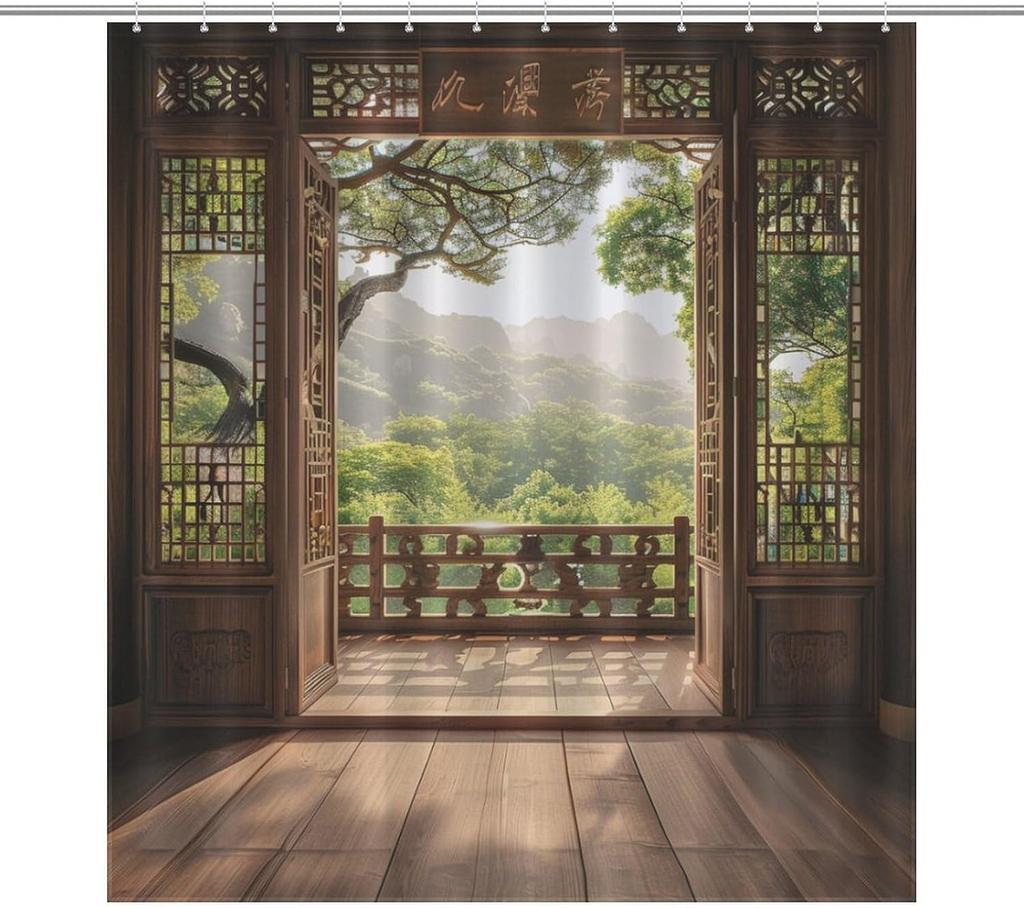 Chinese retro shower curtain, Japanese landscape shower curtain, waterproof polyester fiber shower curtain, customizable