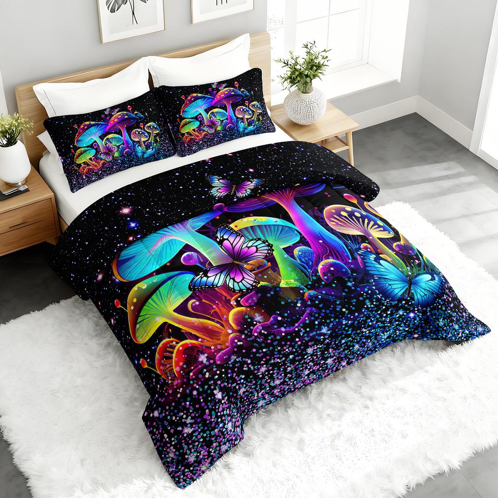 3PC Mushroom & Butterfly Psychedelic Comforter Set Glow-in-the-Dark Duvet with 2 Pillowcases for Bedroom Forest Theme
