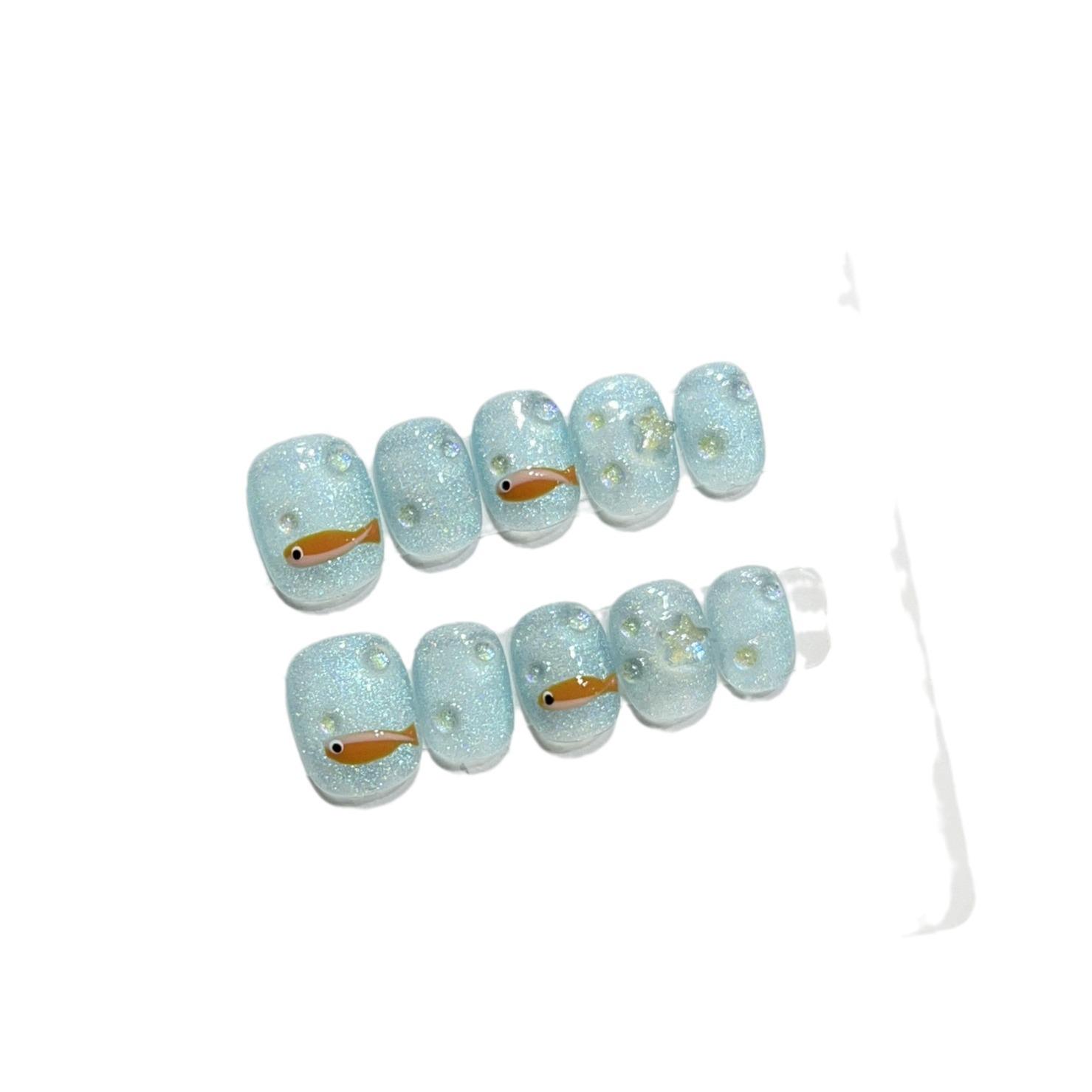 

Wearing Armor High-end Summer Blue Quicksand Cute Hand-painted Bubble Fish Daily Short Manicure Finished Product Medium M