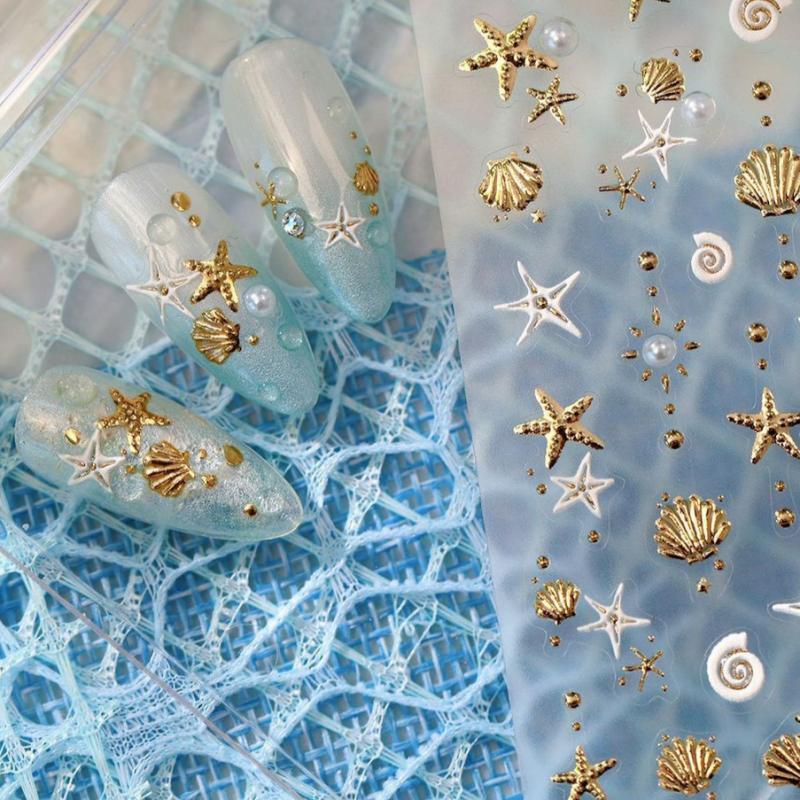 Gold Stamped Shell Conch Scallop Starfish Pearl 5D Embossed Self Adhesive Nail Art Stickers Delicate Ocean Style Manicure Decals