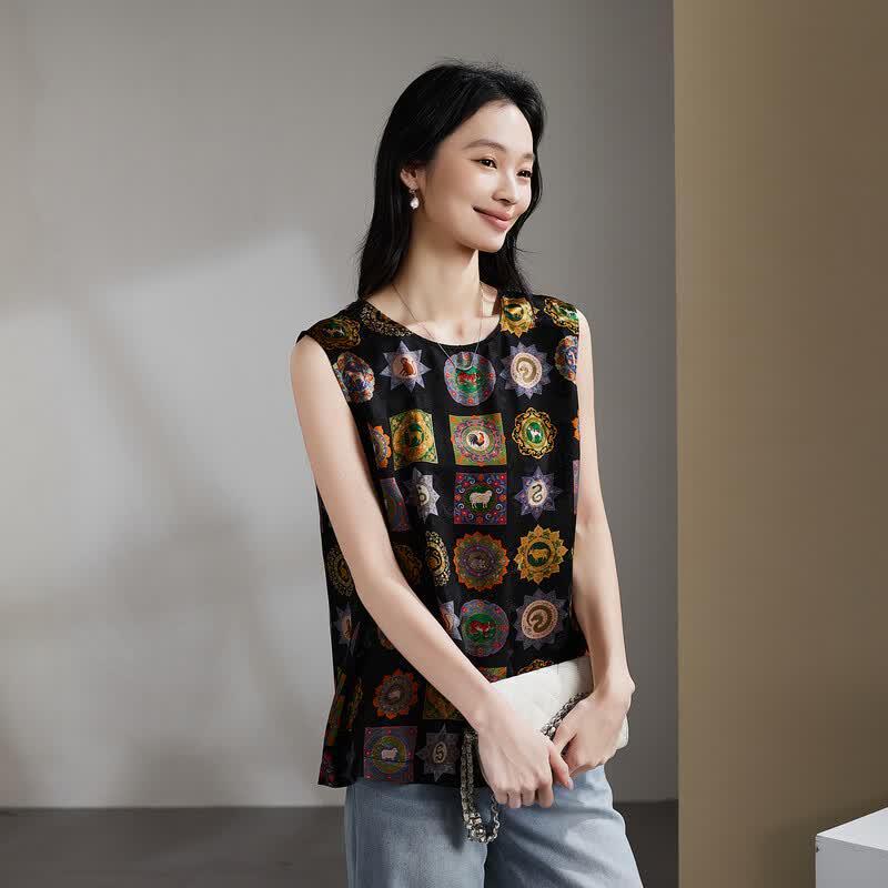 SOFSIL 2026 Summer New Chinese Style Print Sleeveless Silk Blend Shirt