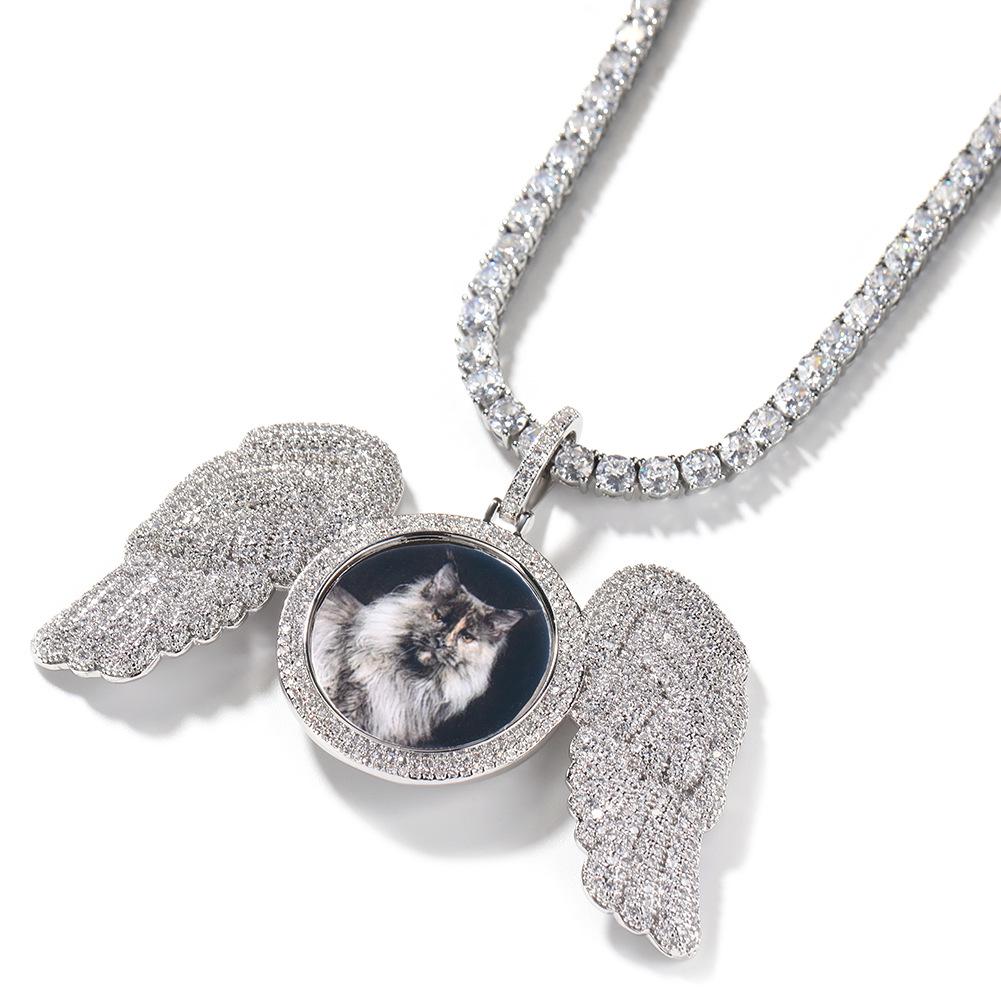 Cross-Style Rhinestone Wing Photo Frame Pendant Necklace - European American Hip Hop Fashion
