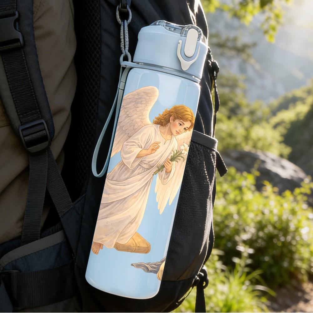 1PC Two Angels Praying Religious Print 750ml Color Plastic Sports Water Bottle Leakproof Flip Straw Lid Suitable for Sports Office Home Use