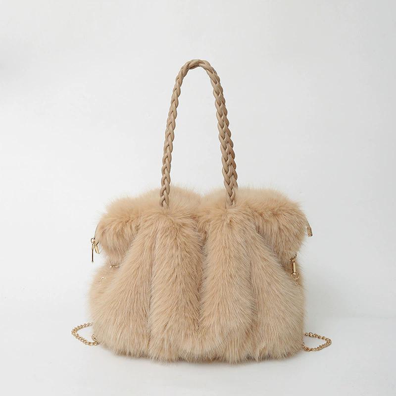Women's Faux Fur Shoulder Bag, Large Capacity Fluffy Tote Bag with Braided Strap, Winter Warm Elegant Commuter Handbag