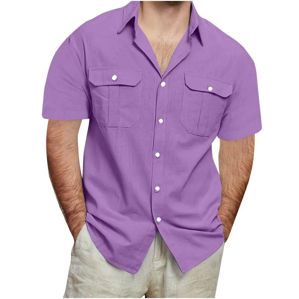 Men's Double Pocket Cotton And Linen Leisure Holiday Short-sleeved Shirt