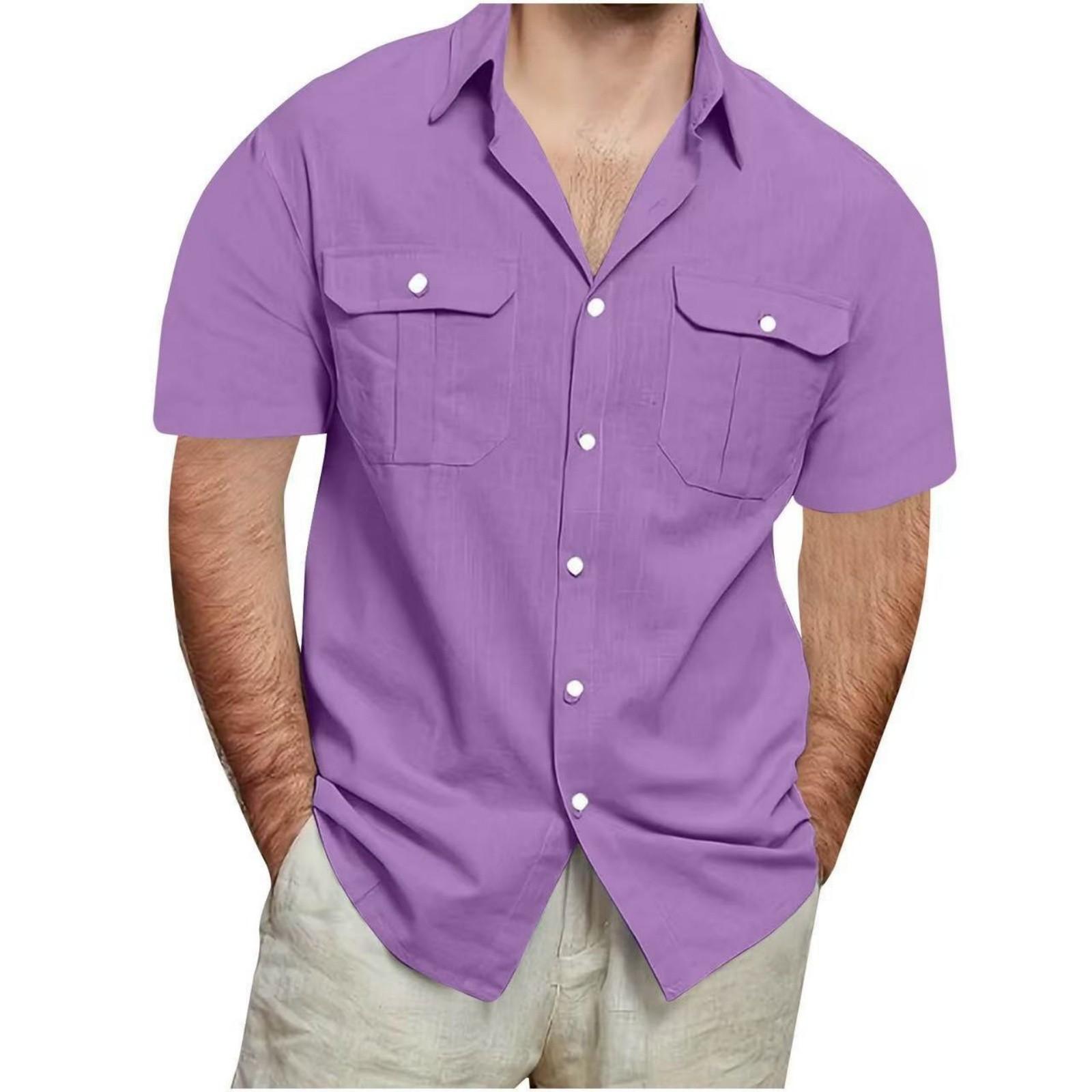 

Men s Double Pocket Cotton And Linen Leisure Holiday Short-sleeved Shirt XL