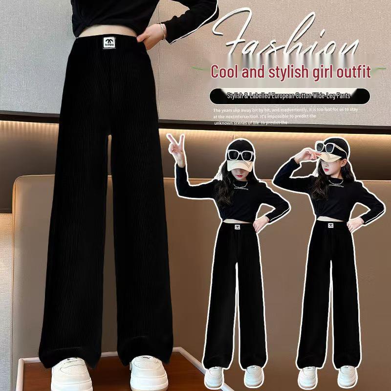 2025 Dívčí kalhoty se širokými nohavicemi podšité fleecem - Módní podzimní/zimní ležérní oblečení pro střední a velké děti