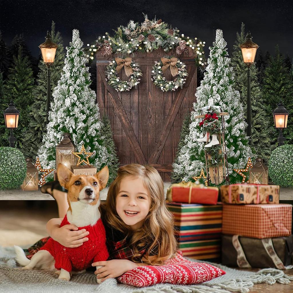 Mocsicka 7x5ft Christmas Photography Backdrop Winter Rustic Wood Door Background With Xmas Tree, Gifts, Family Decoration Banner