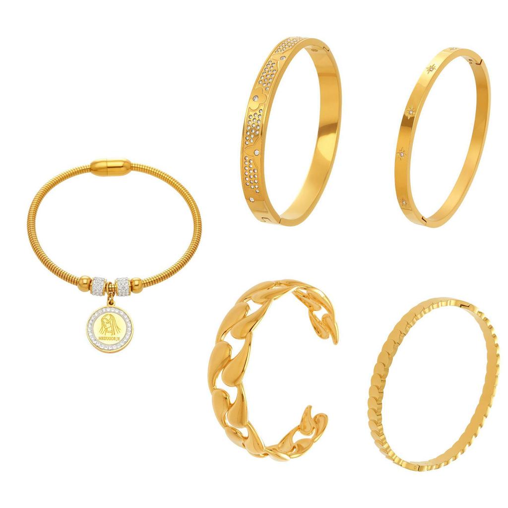 18K Gold-Plated Stainless Steel Round Pendant Bracelet with Zircon Inlay for Women - Popular European & American Style
