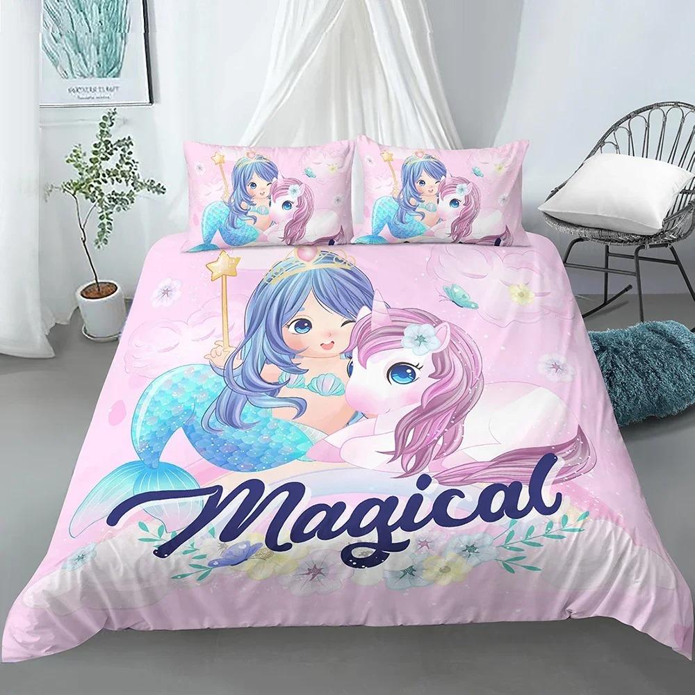 Set Biancheria da Letto Culla Copripiumino per Bambino Bambini Blu Cartone Animato Sirena Edredones Niños Ragazze Principessa Poliestere Copripiumino