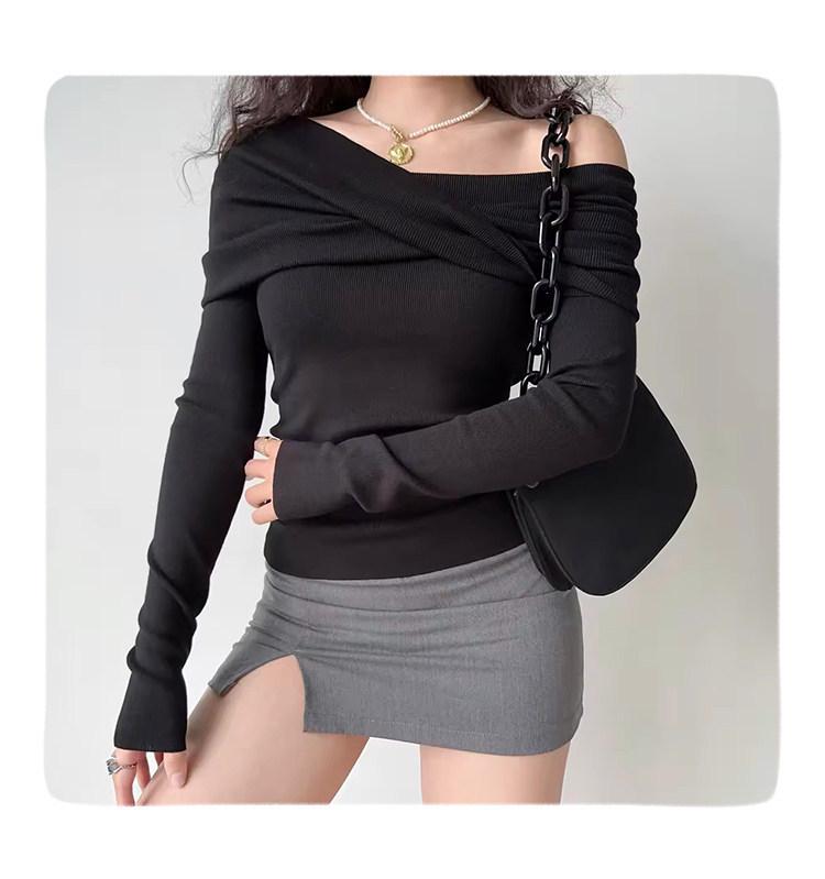 European One-Shoulder Pleated Knit Slim-Fit Sweater for Women