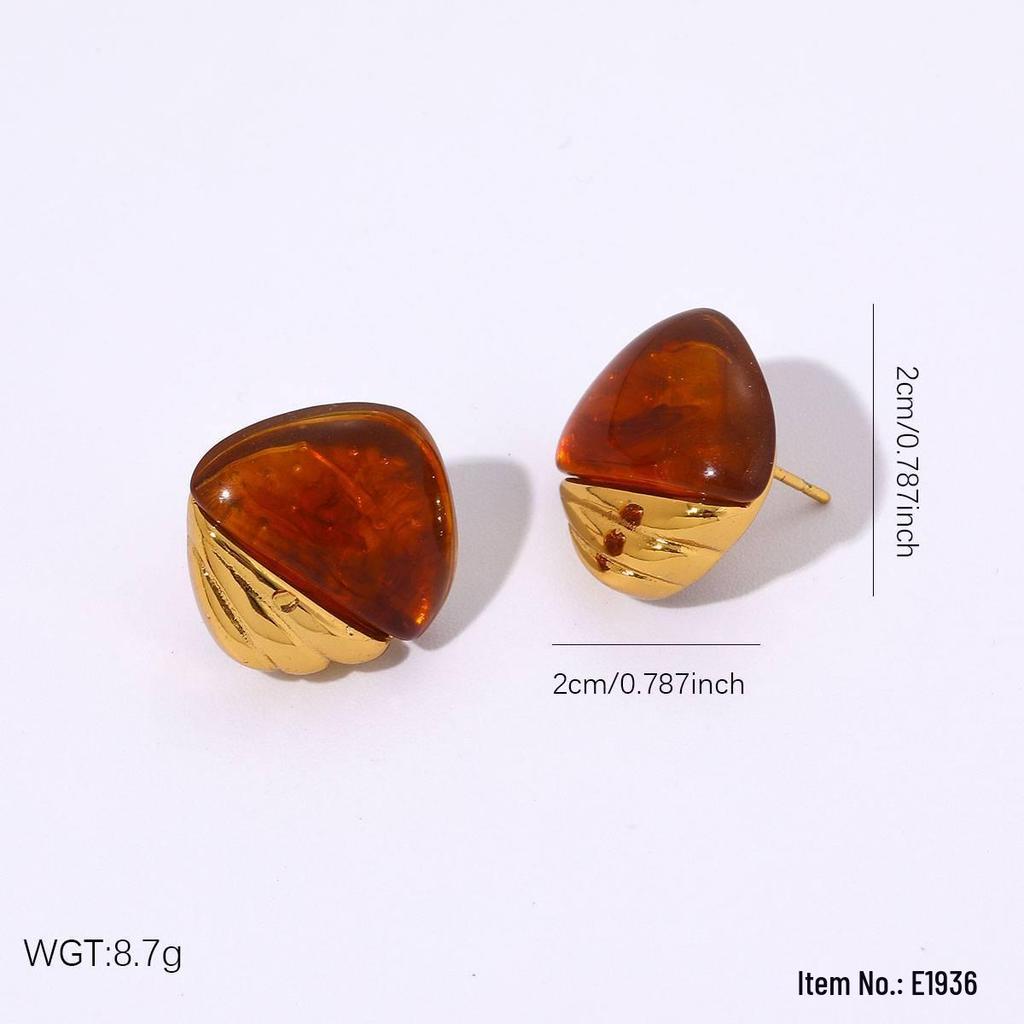 Vintage Amber Gradient Flower & Heart Stainless Steel Stud Earrings with Sun Pattern