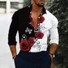 Men Collared Shirt Black Red Rose White Butterfly Swirl Print Long Sleeve Button Down Top
