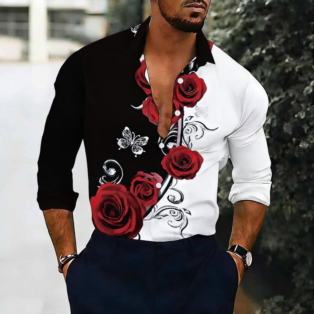Men Collared Shirt Black Red Rose White Butterfly Swirl Print Long Sleeve Button Down Top