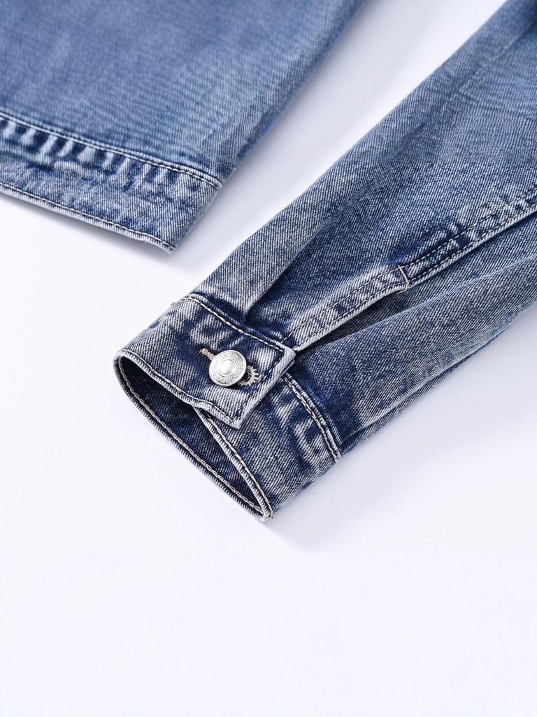 Women's Light Blue Rhinestone Beaded Denim Jacket - Petite, Short, Spring/Autumn 2025