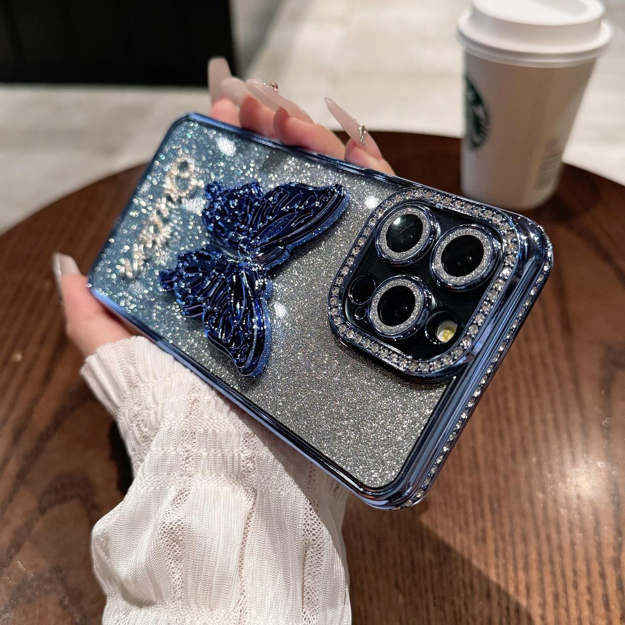 

Подходит для чехла для мобильного телефона iPhone 16, подставка-бабочка 1413, гальванизированный край, стразы, защитный чехол для Apple 15 Promax iPhone11promax