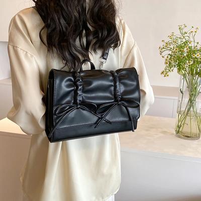 Bow Design PU Ladies Fashion Backpacks Sewing Thread Pleats Bags for Women  New Fashion Zipper