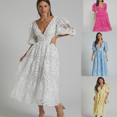 Rochie lungă cu dantelă brodată, cu decolteu în V, vara anului 2025, europeană-americană