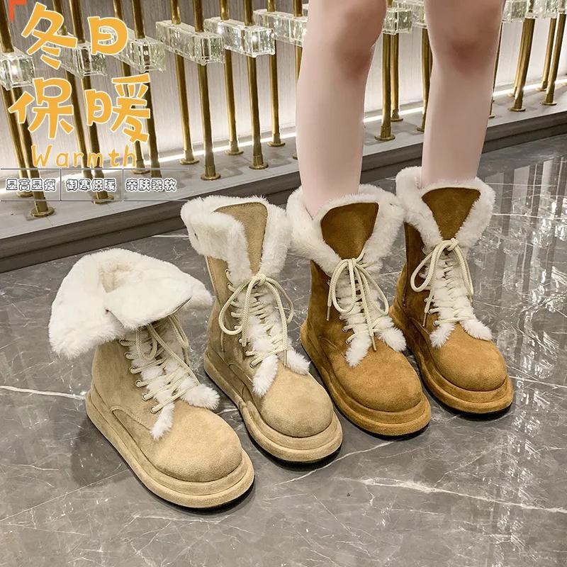 New Autumn Winter Women's Thick Soled Anti Slip and Wear-resistant Snow Boots with Integrated Fur and Plush Thick and Warm Boots