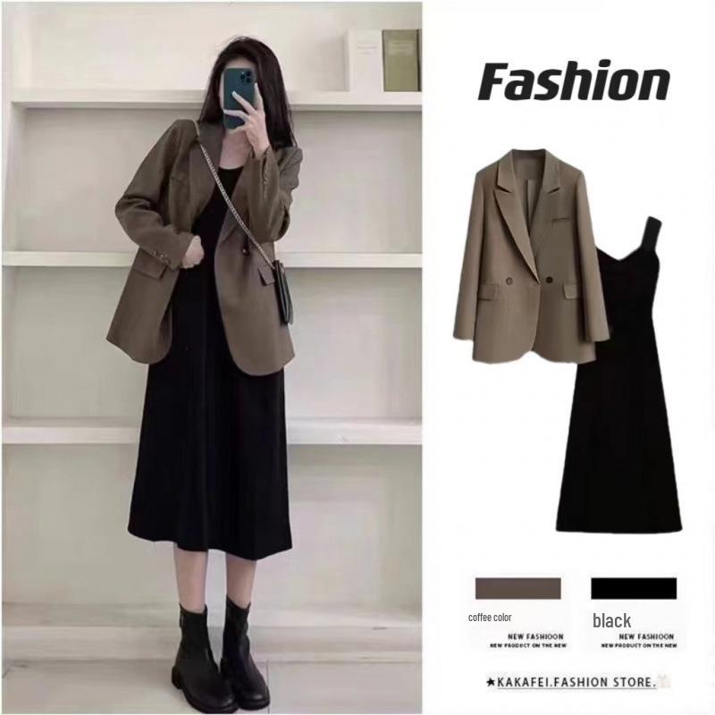 Spring & Autumn Maternity Socialite Two-Piece: Elegant Vest Dress & Suit Jacket XL