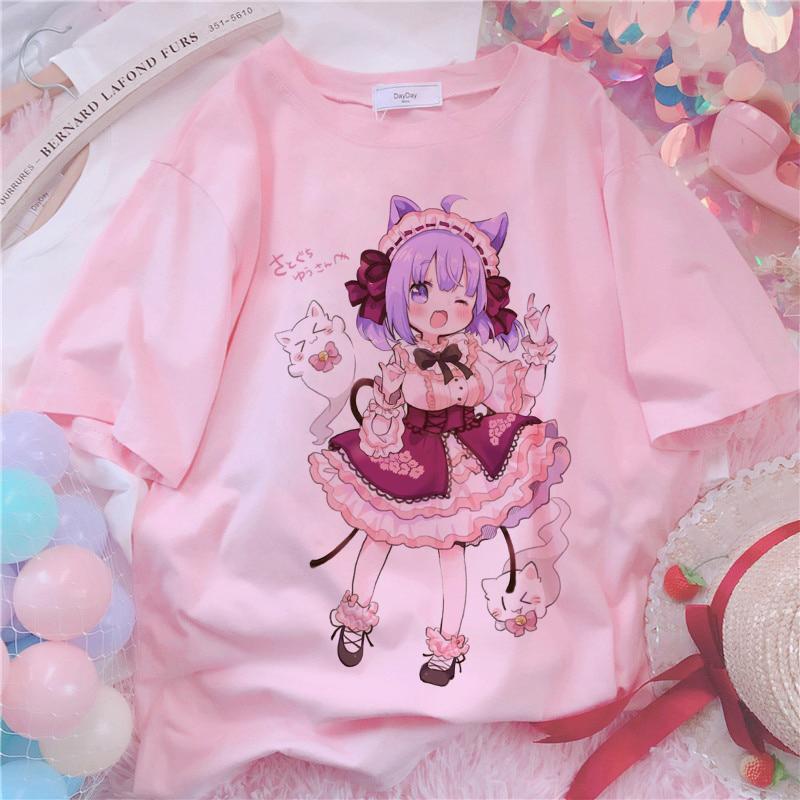 Anime Kawaii Print T-shirt Women Harajuku Aesthetic Pink Tops Emo Tshirt 2021 New Summer Korea Fashion Y2k Casual Female T Shirt