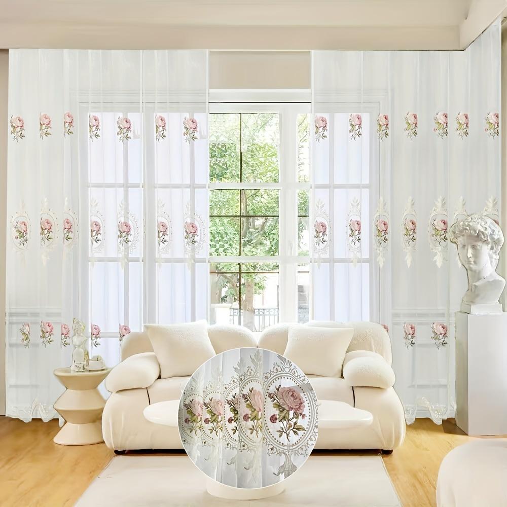 1pc Peony Embroidered Curtain Rod Pocket Curtain For Living Room, Bedroom French Pastoral Flower White Sheer Voile Drapes Home Decor