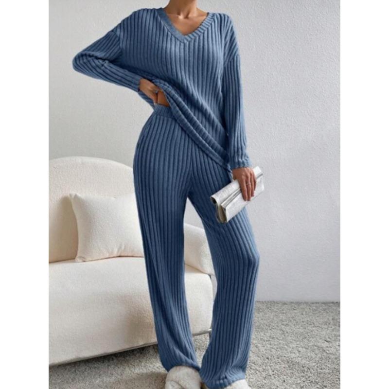 Autumn Fashion Casual Straight Leg Pants with Loose V-neck and Pit Stripe Knit Women's Two-piece Sets