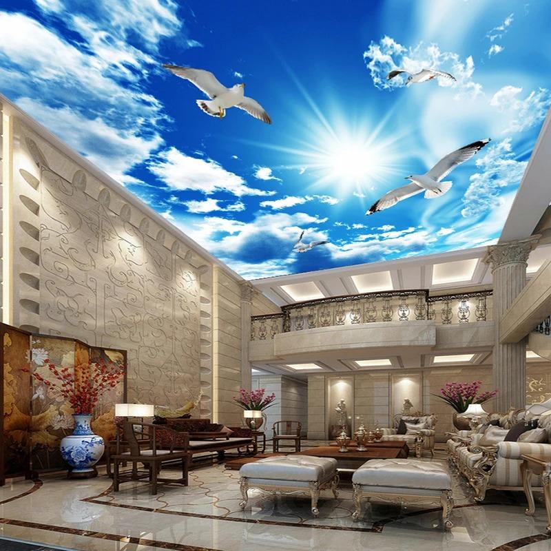 Moderní fotografická tapeta Modrá obloha a bílé mraky Nástěnné malby Plakát Téma Hotel Obývací pokoj Strop Nástěnná malba