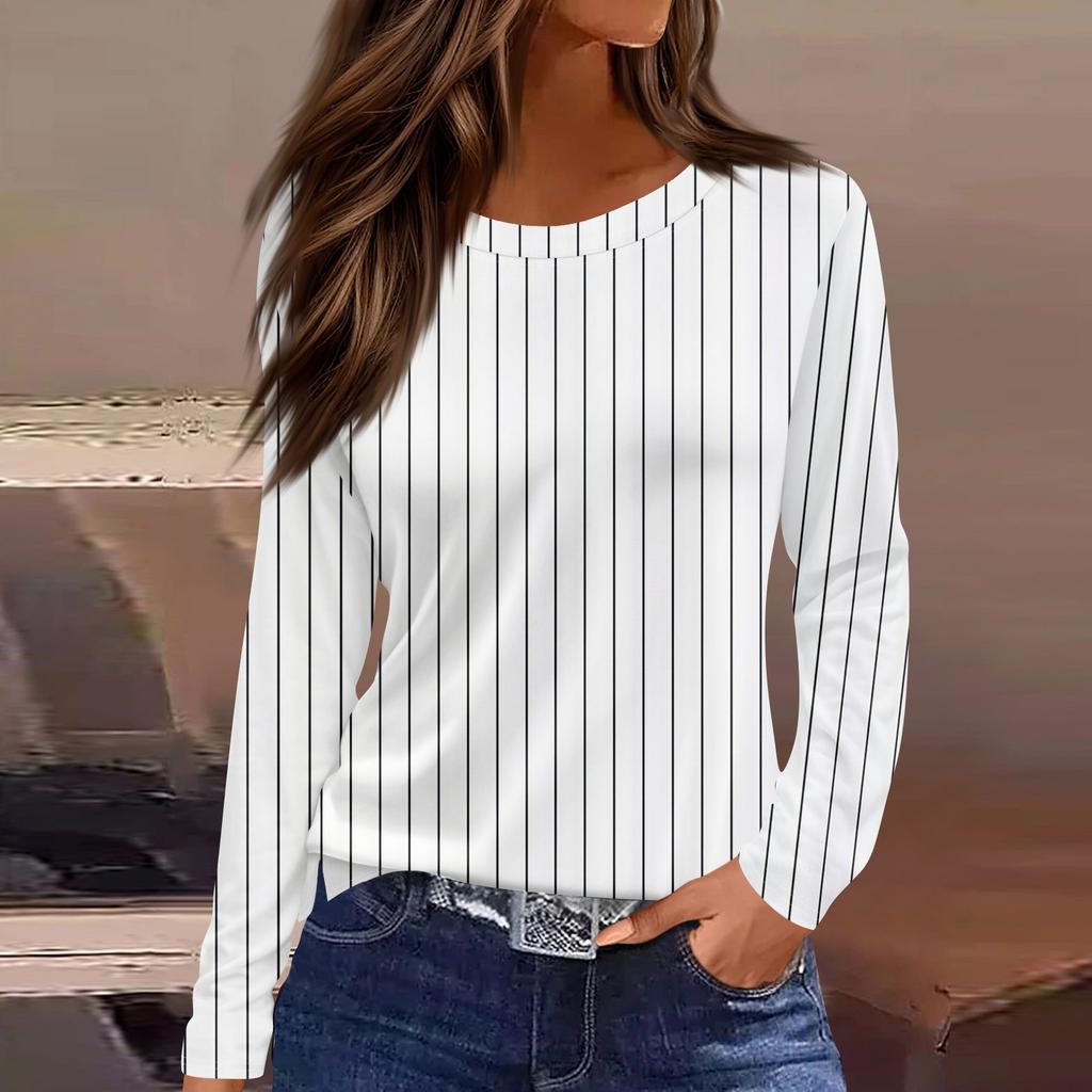 Women's Fashion Casual Slit Hem Round Neck Long Sleeve Loose  Printed T-Shirt Ladies Top
