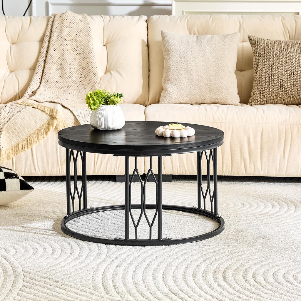 Mesa de Centro Redonda con Tapa Efecto Madera y Marco Metálico, Mesa Moderna para Sala de Estar con Marco Geométrico de Hierro, Mesa Auxiliar Redonda Resistente, aprox. 70x40.5 cm