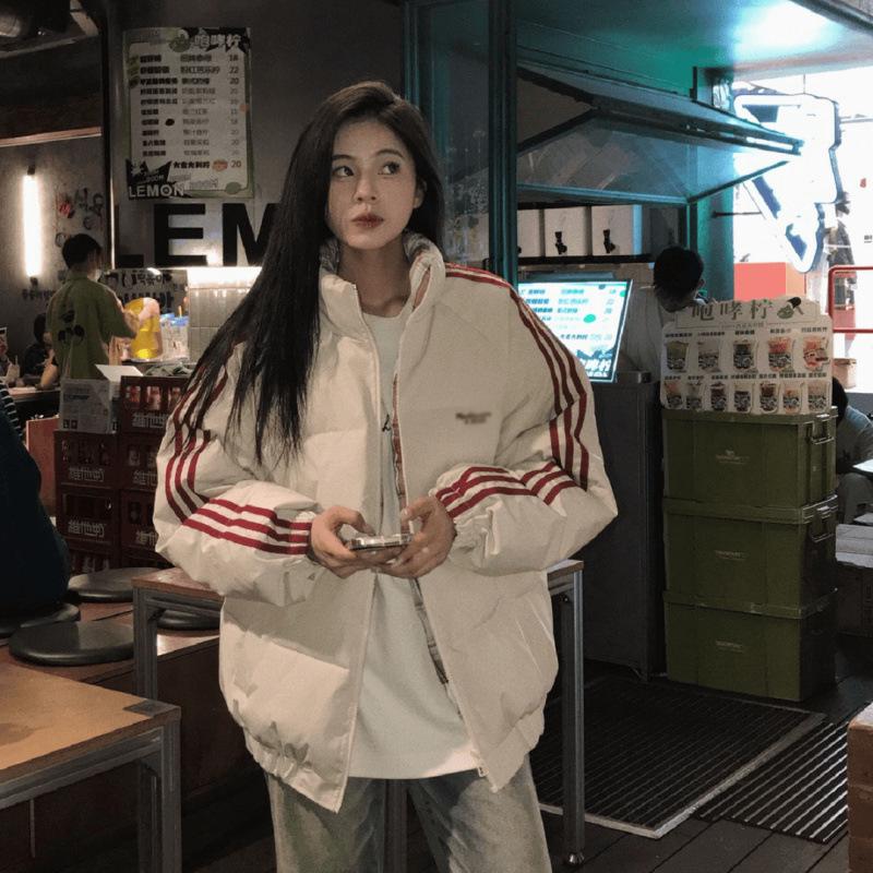 Women's 2024 Winter Striped Stand-up Collar Cotton Jacket - Warm Thick Coat for Couples