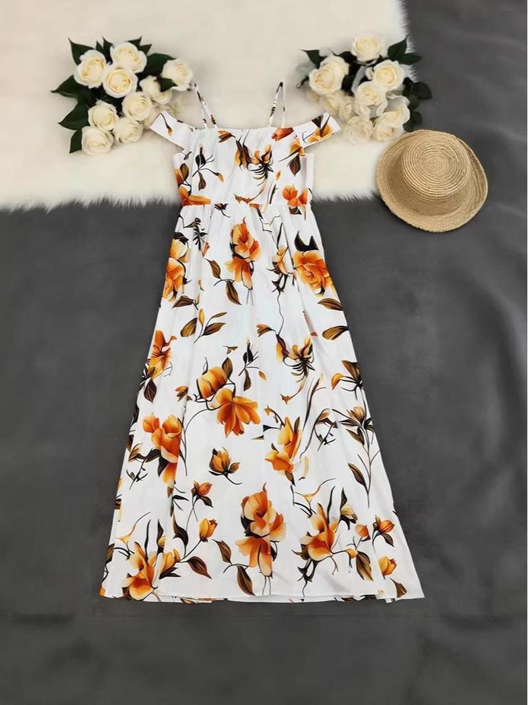 Elegantes florales lässiges langes Kleid mit V-Ausschnitt für Damen