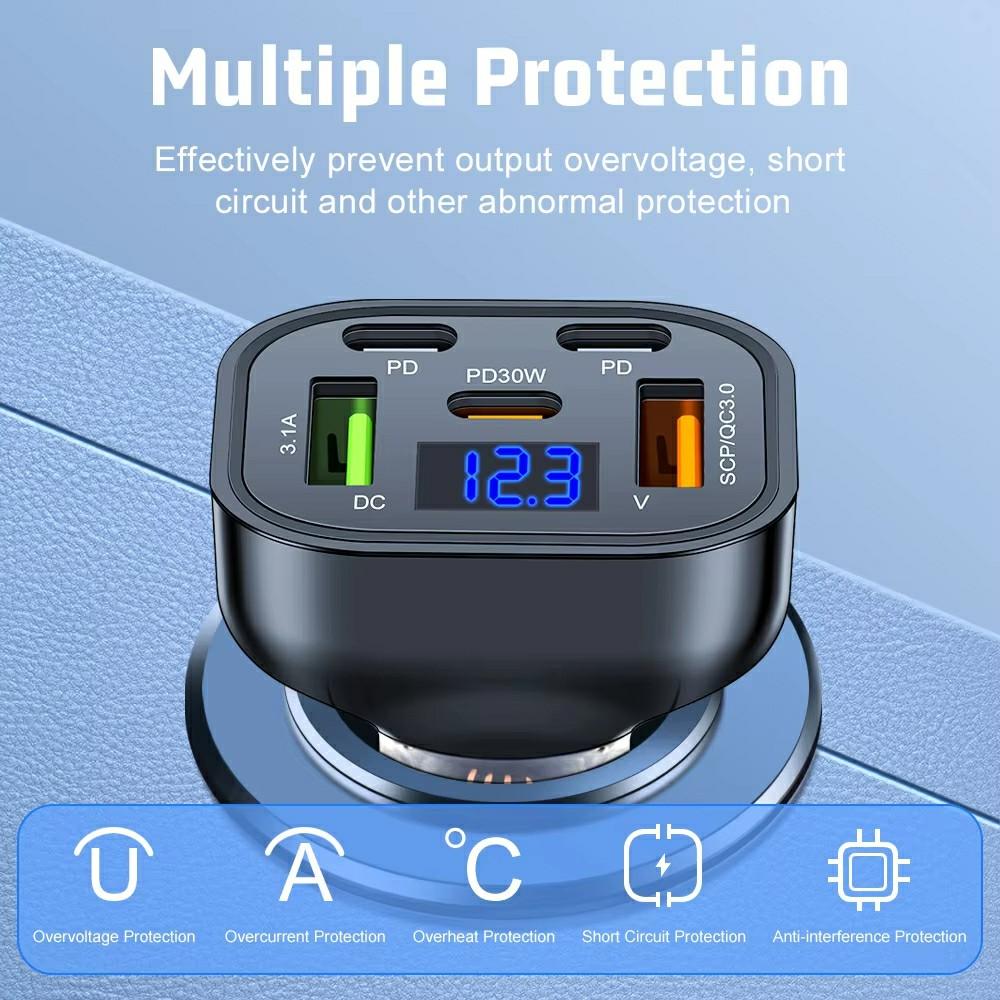 P91 3 Type C + 2 USB 5 In 1 150W Car Charger QC3.0 PD Fast Charging Adapter with Voltage Display