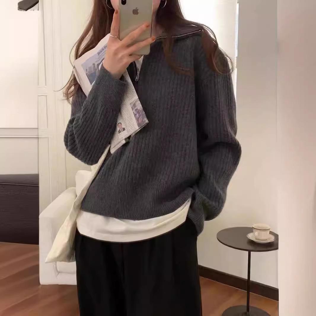 

Design lapel zipper pullover sweater women s autumn and winter new fashion loose versatile knitted sweater top One size