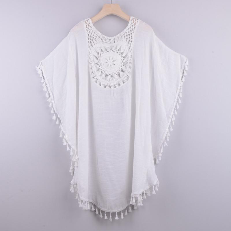 New Fashion Lace Beach Dress Sexy Women Irregular Cover Up Hollow Loose Seaside Dress Large Size Tassel Bikini Style Casual Summer Solid Clothing