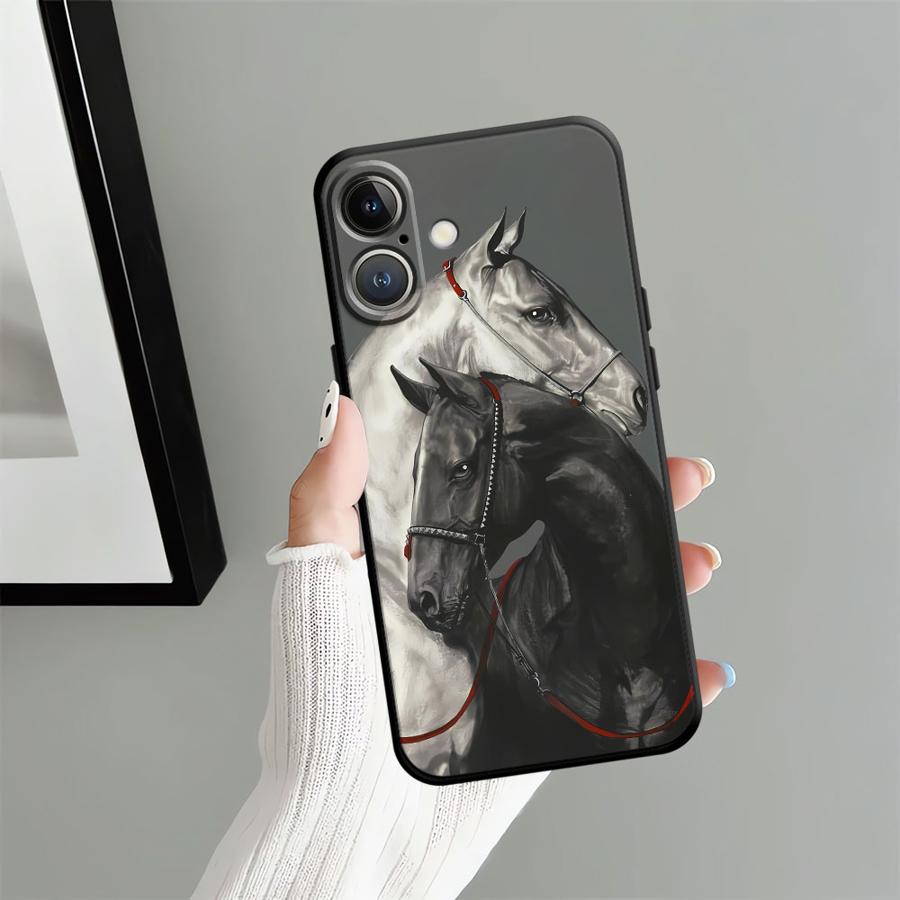 Animal Horse Pattern Black Soft Phone Cover Case for iPhone 15 16 14 Plus 7 8 13 12 11 17 Pro Max 17Air XR XS Max