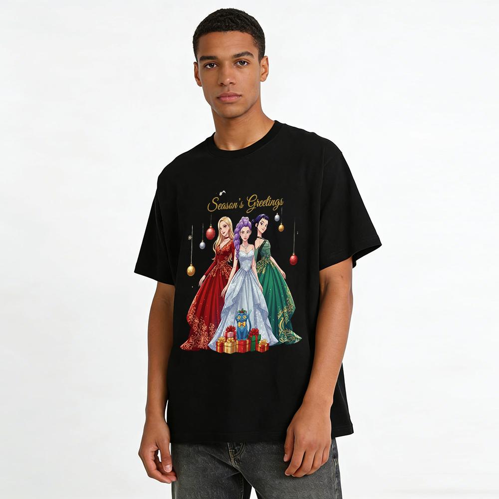 Festliche Top für die Saison, Drei Mädchen & Katze Aufdruck Weihnachtsferien Lässiges Lockeres T-Shirt Reines Baumwoll-T-Shirt