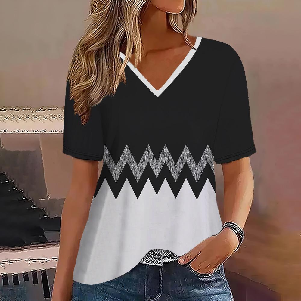 Fashion Women T-Shirt Stripes Print Gradient V-Neck Short Sleeve Basic Tops Streetwear Summer Oversized Clothing Female T-Shirts