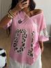 Damen Sommer Ausgehen Streetwear Y2K Leopardenmuster Nummer Grafik Jersey Kurzarm V-Ausschnitt T-Shirt Sportlich Lässig Tops