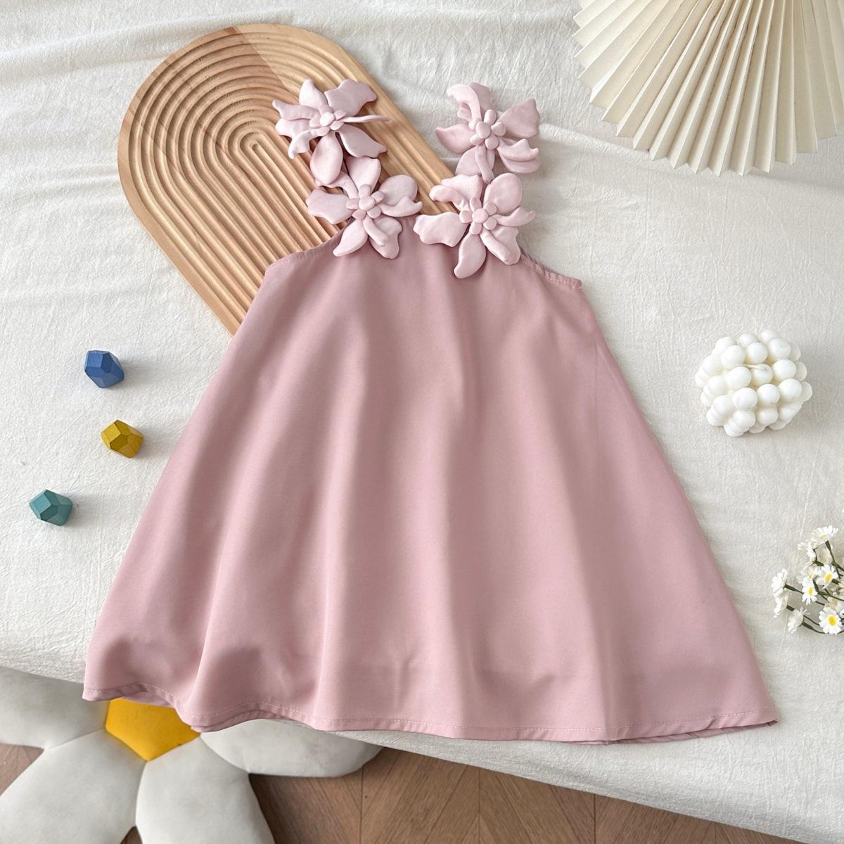 Girls Summer 3D Flower Strap Dress Sweet Loose Princess Fashionable Party Dress 80cm