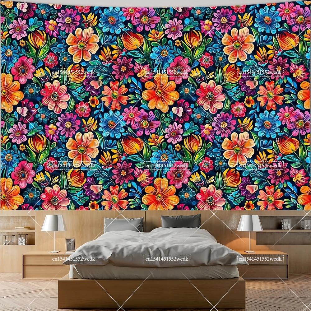 Mexiko Blumenteppich Mexikanische Pflanze Blumen Stickerei Ethnisch Otomi Vögel Wandteppiche Ästhetische Raumdeko Illustrationen Hintergrund