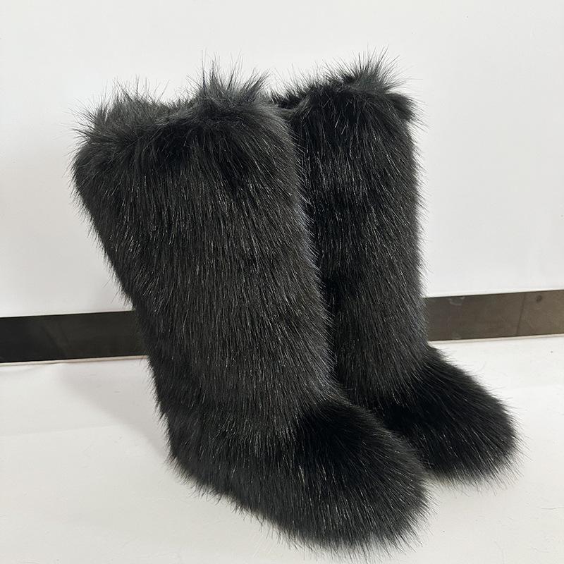 Huňaté kozačky Dlouhé vysoké zimní imitace liščí kožešiny huňaté sněhule Pánské a dámské zimní velké velikosti kožešinové nadkolenky