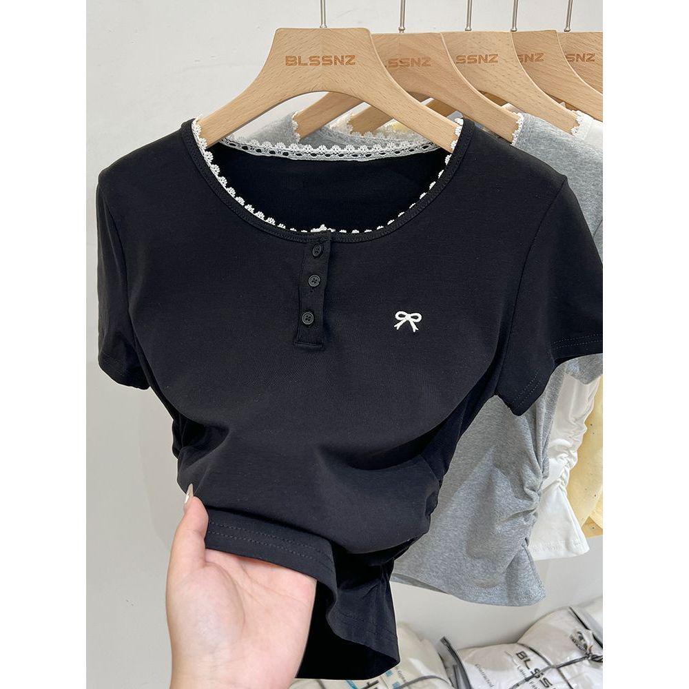 Women's Summer 2025 Pleated Lace Bow Short Sleeve T-Shirt