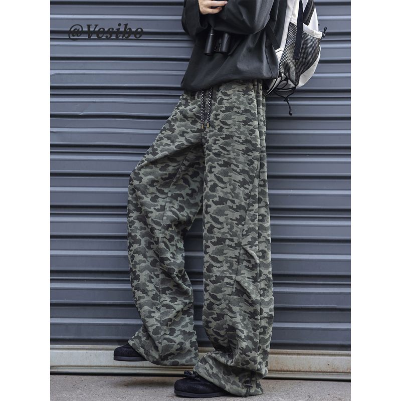 American Retro Camouflage Casual Pants for Men, Spring High Street Wide-Leg Scimitar Pants, Trendy Brand Pleated Drape Floor-Length Pants