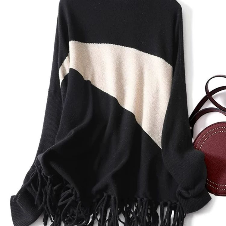 Lazy Tassel Contrast Color Sweater Autumn and Winter Temperament Women's Loose Turtleneck Bottoming Sweater