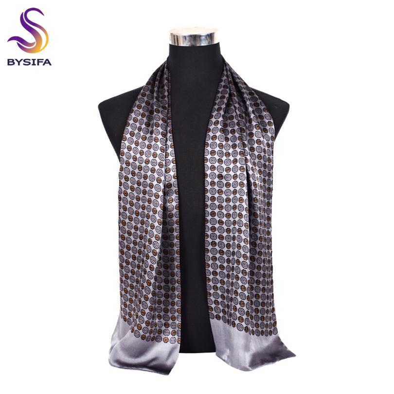 BYSIFA| New Silver Grey Man100% Silk Scarf Printed Fashion Brand Male Long Scarves Men Scarf Fall Winter Pure Silk Scarf160*26cm